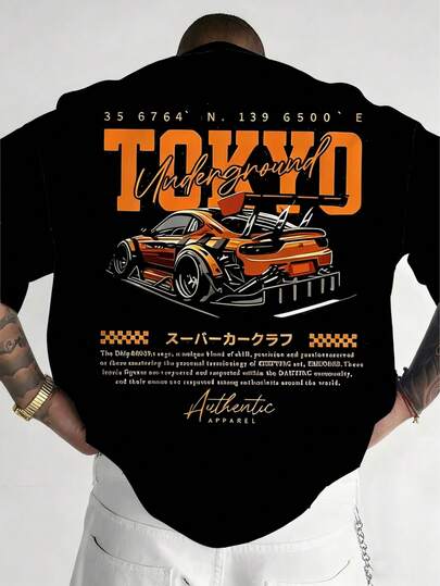 男士大码休闲圆领T恤，涤纶针织面料，舒适透气，时尚赛车系列“TOKYO Racing”图案，休闲街头风清新设计，新颖个性上衣