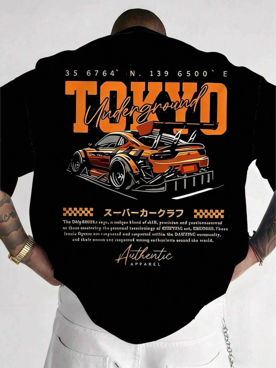 男士大码休闲圆领T恤,涤纶针织面料,舒适透气,时尚赛车系列“TOKYO Racing”图案,休闲街头风清新设计,新颖个性上衣 - 黑色 - 查看 1