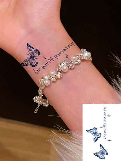 1片小号草本半永久纹身贴纸，蝴蝶字母图案，创新蓝色，防晕染，适合手腕/脚踝装饰，易于粘贴，可持续7-14天