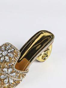 Women's High Heel Sandals, Summer New Rhinestone Decorated Open Toe Backless Sandals, Minimalist Square Toe Slip-On Sandals, Printed/Solid Color Party Preppy Elegant Sexy Sandals, Asymmetric/Irregular Rhinestone Embellished High Heel Sandals For Wedding, Party, Office, Home, Outdoor, Spring/Summer, All Season - Gold - View 10