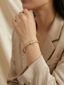 简约几何方形细节手镯，可叠戴水钻镶嵌个性手镯时尚饰品 - 金色 - 查看 5