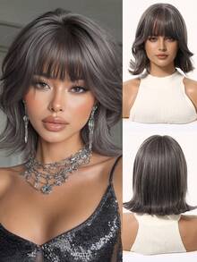 14 Inch Gray Bobbed Wig With Bangs, Heat Resistant Y2K Style Wig For Women, Suitable For Parties And Cosplay - Dark Grey - View 11