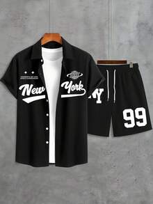 2pcs Men's Printed Woven Shorts And Casual Printed Shirt Set - Multicolor - View 3