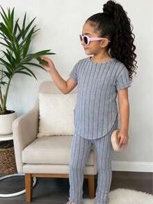 2pcs/Set Young Girl Ribbed Short Sleeve Knit Top And Long Pants Set, Spring Autumn - Dusty Blue - View 3