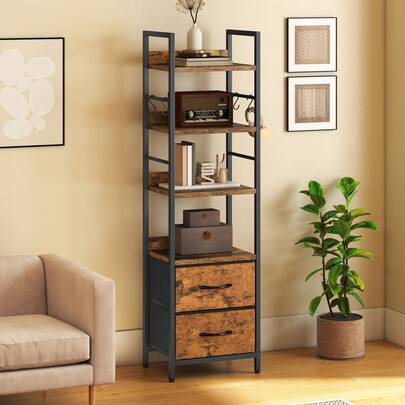 BALCONERA Freestanding Industrial Display Shelf – 4-Tier Bookcase, 2 Fabric Drawers & Adjustable Shelves, Metal Frame For Living Room/Bedroom