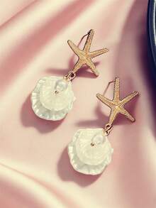 1对时尚沙滩度假风锌合金海星仿珍珠贝壳耳环，适合女性佩戴 - 彩色 - 查看 2