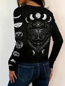 LOVE JOYY Women's Mysterious Moon Phase Moth Print Crew Neck Long Sleeve T-Shirt, Black Top Suitable For Casual Wear And Holidays In Spring - Multicolor - View 4