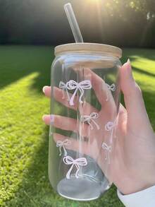 1个粉色蝴蝶结印花玻璃杯，含杯盖和吸管。可重复使用的咖啡杯。大容量奶茶/饮料杯。便携式户外水瓶。生日礼物、节日礼物、圣诞惊喜。 - 彩色 - 查看 9