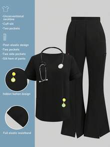 Solid Color V-Neck Short Sleeve Top And Split Leg Pants, Lab/Nurse/ Scrub Uniform Set With Pockets, Suitable For Veterinary Clinics, Hospitals, Private Care Spring Black - Black - View 1