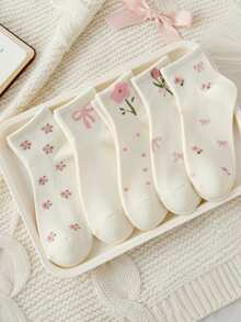 5 Pairs Kids Spring/Summer Bow, Polka Dot, 3D Flower White Lolita Frilly Elastic Mid-Calf Socks, Suitable For Back To School And Outdoor Wear