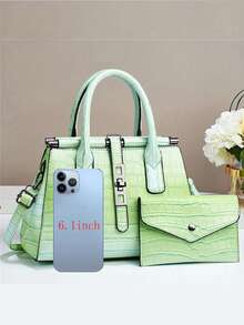 Ensemble de 2 sacs à main élégants en texture crocodile, sac cabas multifonctionnel grande capacité, design à la mode, nouveau sac carré élégant pour femme, sac à main bandoulière polyvalent et décontracté, grande capacité, idéal pour les voyages et le shopping. - Vert - Voir 5