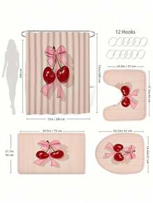 1/3/4 Pcs Cherry Blossom Bow Pattern Waterproof Polyester Shower Curtain With 12 Hooks, Bathroom Non-Slip Mat, Toilet Seat Cover And U-Shaped Mat - Multicolor - View 7