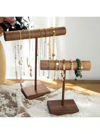 木质T型项链手表架发带展示架，胡桃木色项链吊坠首饰制作展示架