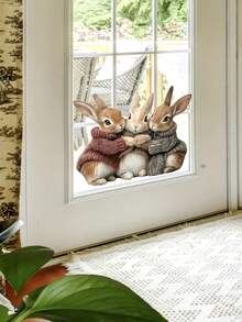1pc 11.8 Inch New Easter Funny String Art 3 Cute Rabbits Single Layer Double-Sided Visible Fiber Optic Holiday Decoration Window Sticker, Easter Room, Bedroom Decor Sticker - Multicolor - View 4