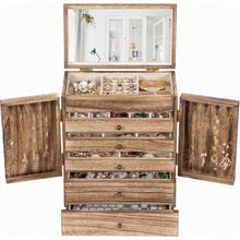 Wooden Jewelry Box For Women 6-Tier Large Jewelry Organizer Boxes With Mirror Rustic Solid Wood Jewlery Storage Display For Rings Earrings Necklaces Bracelets Watches Carbonized Black - 碳化棕色 - 查看 1