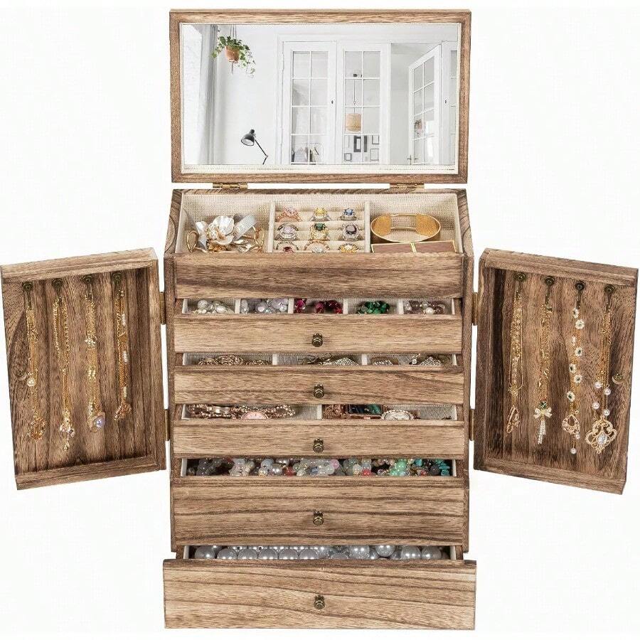 Wooden Jewelry Box For Women 6-Tier Large Jewelry Organizer Boxes With Mirror Rustic Solid Wood Jewlery Storage Display For Rings Earrings Necklaces Bracelets Watches Carbonized Black - 碳化棕色 - 查看 1
