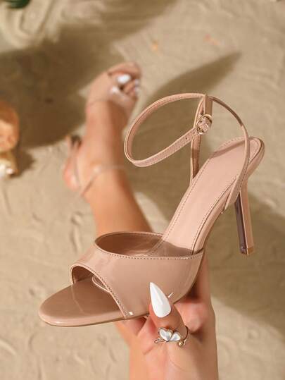 9cm Pointed Toe Elegant Stiletto High Heel Sandals For Women, Adjustable Criss-Cross Ankle Strap, Mirror PU Material, Apricot Color, Kitten Heel, Suitable For Daily, Party, Valentine's Day, Spring Festival, Thanksgiving, Prom, Commute, Office Wear