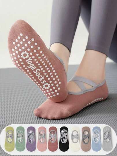 1/2/5双装 - 彩色瑜伽袜、交叉绑带普拉提运动袜、芭蕾舞袜、硅胶防滑普拉提健身袜