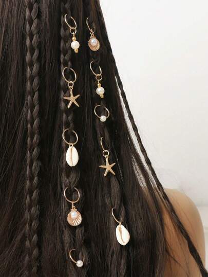 10pcs Starfish, Shell & Pearl Decor Set, Boho Cute Hairclips, Headchain, Star & Moon Combo, Summer Beach Holiday Eid Gift, Party Hair Accessories