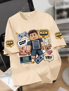 1pc Boys' Cartoon Game Graphic Round Neck Short Sleeve T-Shirt, Essential For Everyday Outings And School Activities In Spring/Summer - Apricot - View 1