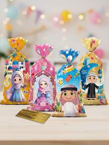 50/100/200个装开斋节彩色礼品袋，包装袋，印有月亮、城堡和星星图案 - 耐用塑料糖果袋，带抽绳封口，开斋节礼品袋，斋月庆祝活动和伊斯兰斋月派对礼品 - 彩色 - 查看 3