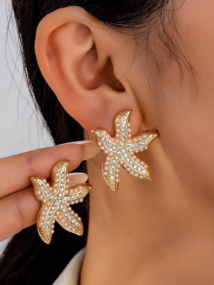 1 Pair Luxury Pearl & Rhinestone Starfish Earrings, Elegant & Sophisticated Jewelry For Women, Suitable For Daily Wear, Festivals, Dates, Vacations, Parties, Ocean/Beach Style Accessories - Gold + White Rhinestones - View 1