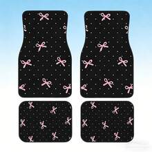 4 Pcs Set Pink Bow Front And Rear Car Mats, Suitable For All Seasons, Non-Slip, -Resistant, Easy To Clean, Car Interior Additions, Compatible With For All Vehicle Models, Valentine'S Day - 彩色 - 查看 3