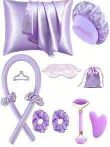 12/10 件套，颜色包括粉色、黑色、紫色和米色，包含睡眠美发造型工具套装、卷发棒和面膜涂抹器、1 个真丝枕套、大容量护发护肤套装、真丝防卷发套装、夜间卷发棒、1 个柔软眼罩、1 个双头滚轮按摩器、卷发棒、卷发梳、卷发棒、卷发产品、卷发工具、美发沙龙产品和配件 - 彩色 - 查看 18