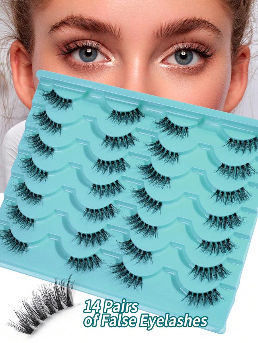 MAANGE 14 Pairs Half-Eyes Eyelashes False Lashes Fake Eyelashes - Mink Lashes Fluff 14 Pairs 6D Mink Lashes Wispy Faux Mink Eyelashes Lashes Natural Look Eye Lashes Long Lashes Pack Reusable Eyelashes,Eyelashes, False Eyelashes, Strip-Shaped Eyelashes - Black - View 1
