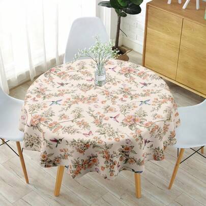 1PC Round Tablecloth, Light Beige Background With Pastel Pink Floral Branches, Hummingbirds & Butterflies (Vintage Floral Style), Decorative Table Linen For Dining Table, Home Decor & Nature-Themed Gatherings