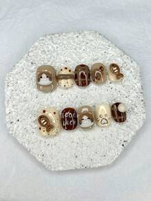 10 Pieces Autumn And Winter Warm Brown Press On Nails Handmade Cute Kitten Eating Fish Short Round Wear Fake Nail Patches Removable Nail Supplies(1 Sheets Jelly Stickers+1PC Nail File) - Brown - View 13