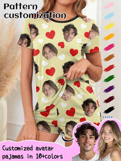 Conjunto de pijama personalizado para mujer con foto de cabeza grande única o reemplazo de rostro de pareja, ambiente festivo