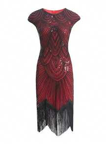 Gaun Midi Pesta Malam Formal Bermotif Geometris Berpayet Gaya Vintage Gatsby - MultiWarna - View 21