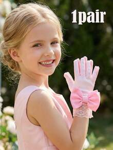 1 Pair 3-10Y Kids Satin Smooth Elastic Velvet Bow Gloves, Soft Satin Flower Girl Gloves For Girls Pageant, Ballet Recital, Princess Birthday & Wedding - 1Pair - View 1