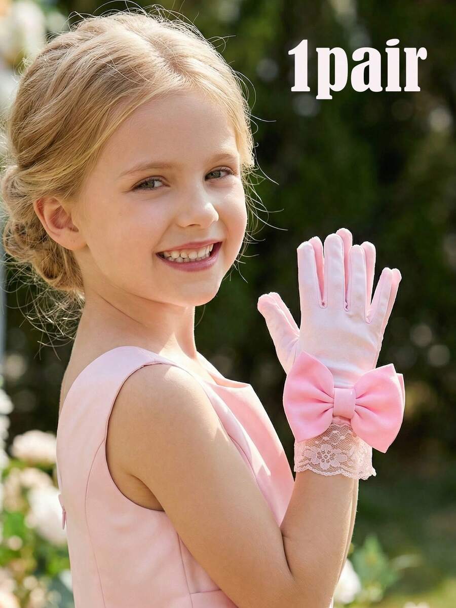 1 Pair 3-10Y Kids Satin Smooth Elastic Velvet Bow Gloves, Soft Satin Flower Girl Gloves For Girls Pageant, Ballet Recital, Princess Birthday & Wedding - 1Pair - View 1