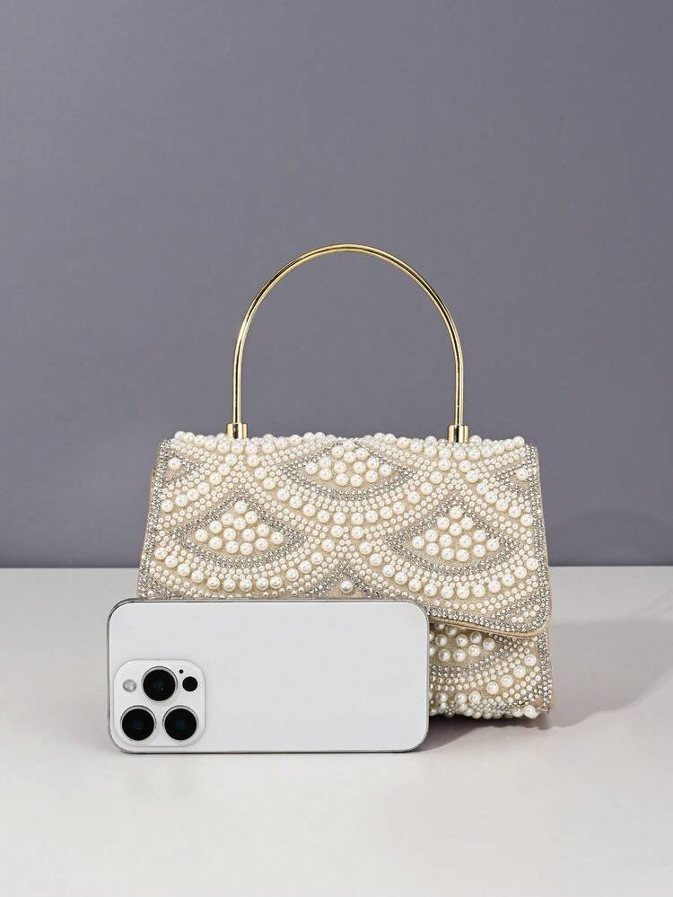 حقيبة يد مرصعة باللؤلؤ قطعة واحدة، حقيبة سهرة أنيقة لحفلات الكرة والسهرات، حقيبة قابضة فاخرة مصنوعة يدويًا على الطراز الأوروبي، حقيبة نسائية متعددة الاستخدامات، حقيبة لؤلؤية - بيج - مشاهدة 5