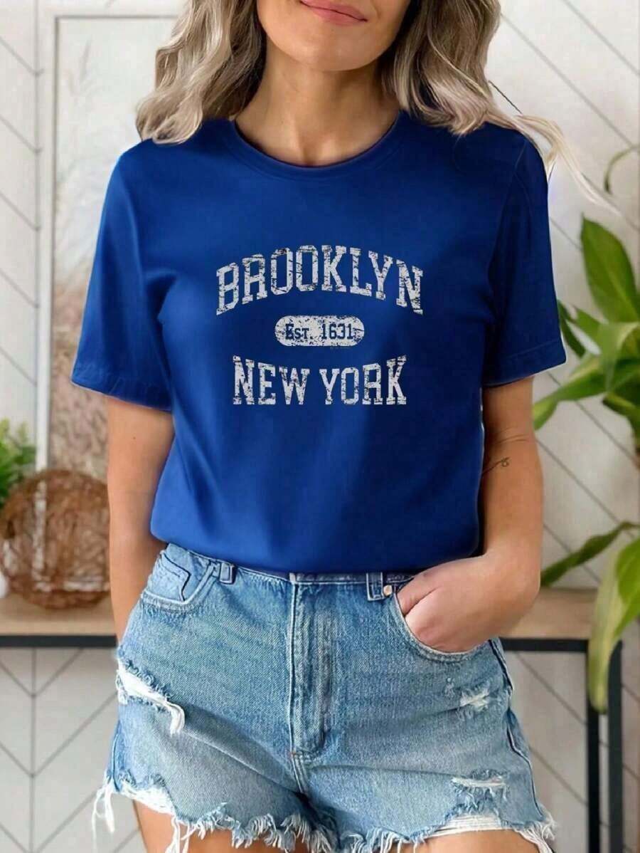 Camiseta Feminina Básica NY Algodão Malha Premium - Azul Marinho - Visão 1