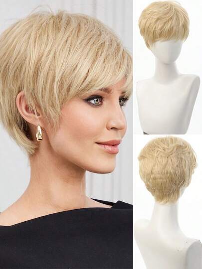 4 Inch Beige Short Straight Hair Wig For Women, Highlight Beige Hair Elegant Bob Wig With Bangs, Synthetic Fiber Full Machine Fake Hair For Daily & Music Festival Party Cosplay Anime Use