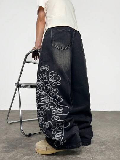 1pc American Streetwear Embroidered Men Wide Leg Jeans, Distressed Wash Casual Loose Comfortable Pants (No Belt & Accessories)
