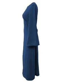 Robe midi unie élégante à col rond, taille froncée, manches longues évasées avec détail de bordure, robe fluide pour femmes, décontractée et bureau - Bleu marine - Voir 5