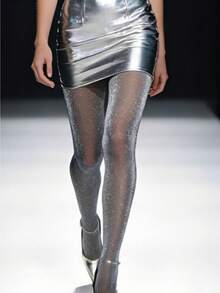 1 Pair Women's Flashing Silver Onion Pattern Silk Stockings, Starry Sky Fine Glittering, Thin, Anti-Laddering Base, Shiny Silk Black Pantyhose, Sexy Seamless Tights - Black - View 4