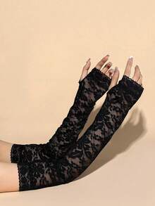 1pc Women's Summer Lace Chiffon Sleeve Cover, Sheer Breathable Arm Sleeves, Fashion Outdoor Arm Warmer - Black - View 2