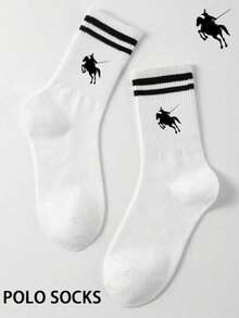 1/5 Pairs Unisex Classic Striped Equestrian Mid-Calf Socks, Breathable Casual Everyday Wear, Fall - White - View 7