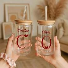 1pc 550ml/18.7oz Personalized Glass Cup, Customizable With English Letters And Names, Personalized Coffee Mug With Name, Comes With Lid, Straw And Straw Brush, Suitable For Bride, Bridesmaid, Mom, Family - Anniversary, Christmas, Mother's Day, Great For Bridesmaid Proposal Gift, Birthday Party Gift And Valentine's Day Surprise - Transparent - View 4