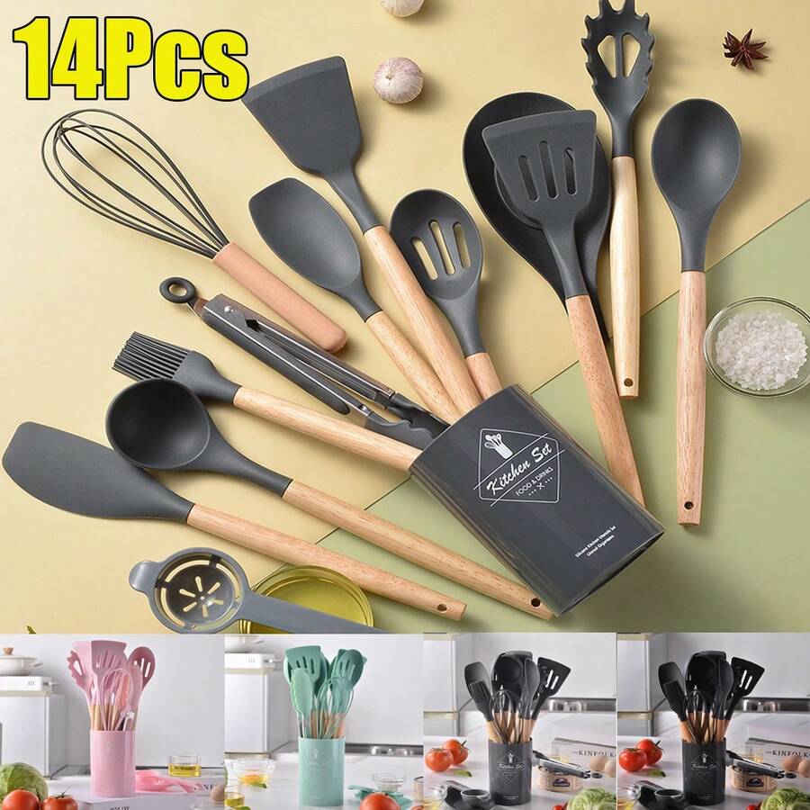 14Pcs Set Silicone Kitchen Utensils Set Non-Stick Cooking Spoon And Baking Tools,Color Optional - Dark Grey - View 1