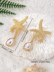 1 Paar modische, zarte Perlen-Seestern-Anhänger Ohrringe, Ozean-Stil Strandresort Schmuck für Frauen, geeignet für den täglichen Gebrauch, Urlaub, Party-Accessoires - Gold - Übersicht 5