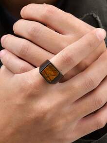 1件男士简约天然虎眼石黑色雕刻几何戒指首饰 - 黑色 - 查看 7