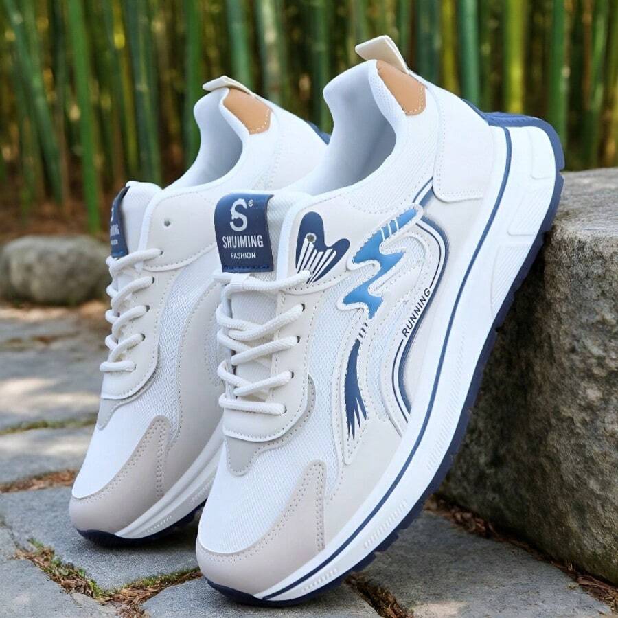 男士撞色休闲系带运动鞋，户外穿着，春秋季 - 白色 - 查看 1