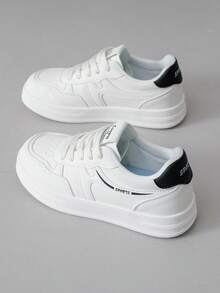 1 Pair Women's White Sneakers, New Spring/Autumn Casual Simple Thick Sole Flat Shoes - White and Black - View 13