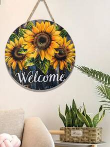 1pc Rustic Wooden Welcome Sign, Round 10inchx10inch/12inchx12inch Decorative Hanging Plaque With Sunflower And Butterfly Design For Farmhouse Front Door Or Wall Decor – Perfect Gift Idea - Multicolor - View 2